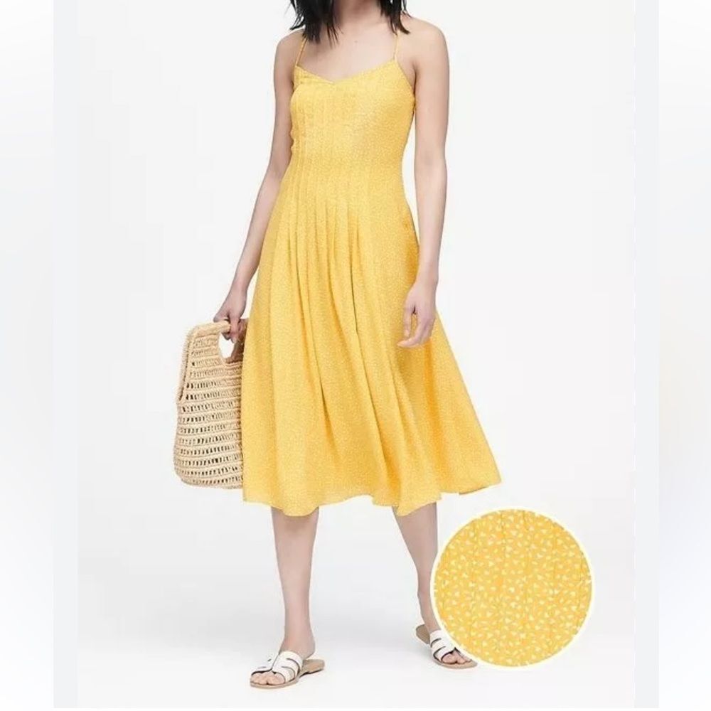 Banana Republic Pintuck Midi Dress in Yellow Polka Dot 2 NWOT